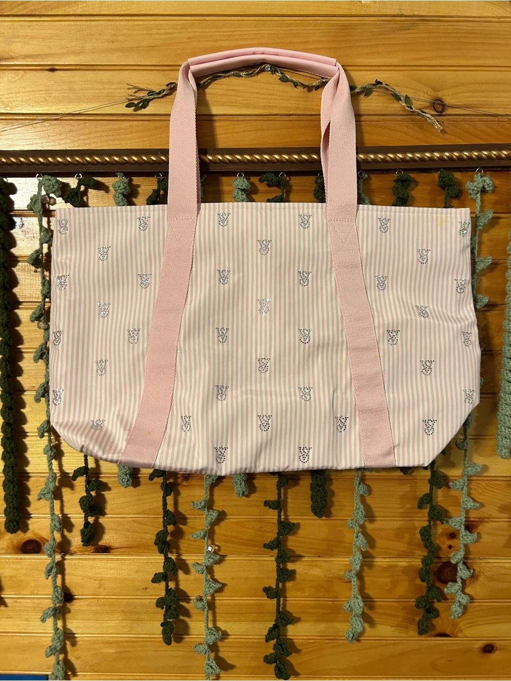 Pink VS Striped Tote Bag with Gem Logo
